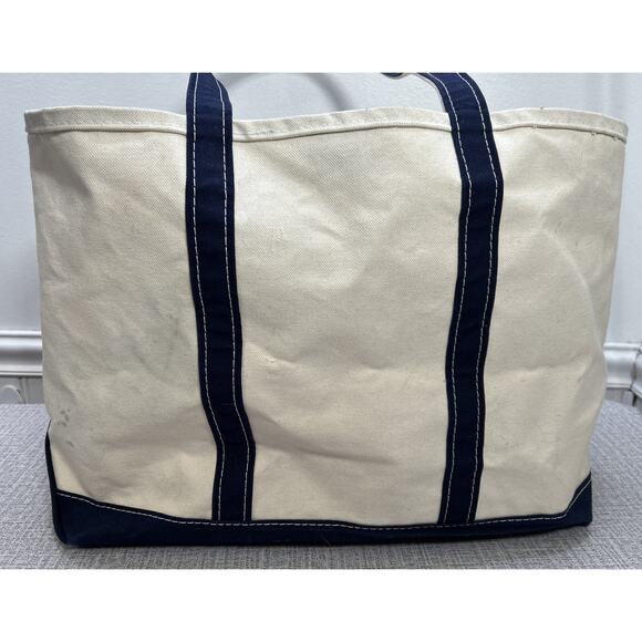 Vtg LL Bean Boat And Tote Canvas Tote Large Base Navy Blue Cream USA 23x13x7 - Picture 4 of 14